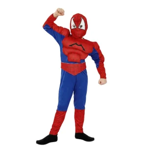 Niño vestido con el disfraz de Spider Héroe de Disfraces Lucero, incluyendo máscara, mono rojo y azul y cinturón a juego.