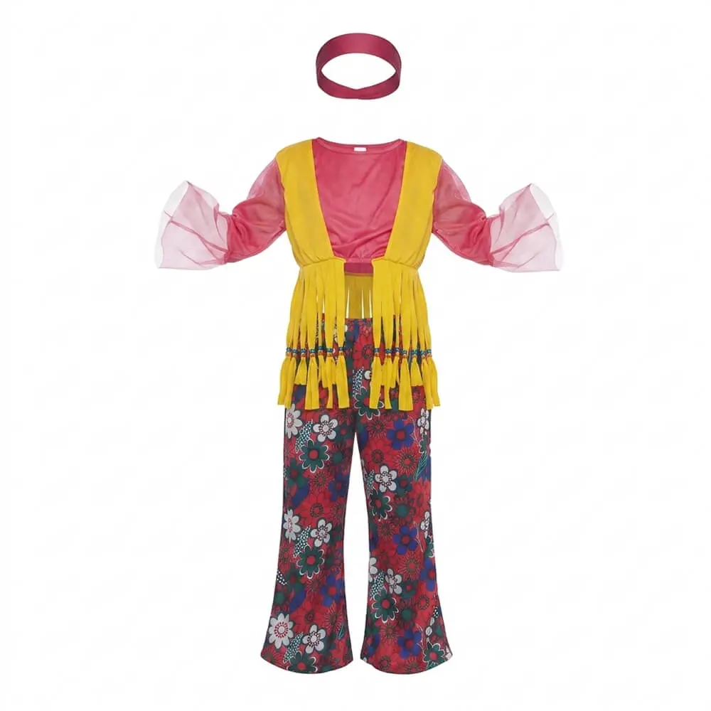 Disfraz Hippie Niña Infantil – Traje de los Años 60 y 70 con Flecos (Cinta, Camisa con Chaleco y Pantalón) - Imagen 2