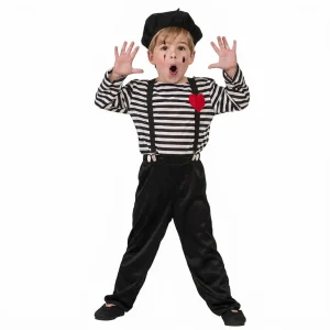 Niño de frente y de espaldas luciendo el disfraz de mimo infantil completo con camiseta a rayas, tirantes rojos, boina y guantes de la tienda Disfraces Lucero.
