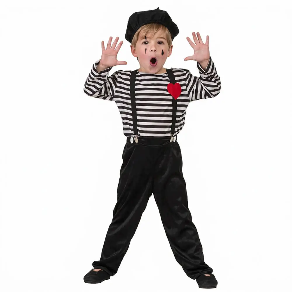 Niño de frente y de espaldas luciendo el disfraz de mimo infantil completo con camiseta a rayas, tirantes rojos, boina y guantes de la tienda Disfraces Lucero.
