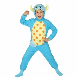 Niño con disfraz de monstruito azul con manchas moradas y capucha con cuernos pequeños.
