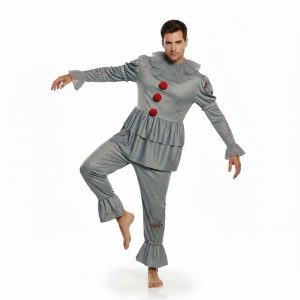 Hombre caracterizado con disfraz de payaso sádico en tonos oscuros para Halloween.