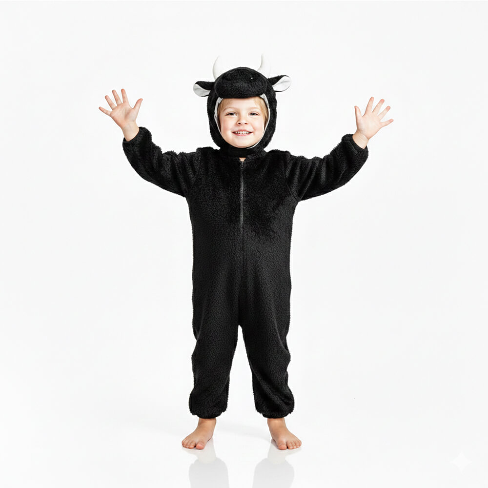 Niño con disfraz de toro negro o marrón con gorro de cuernos blancos y mono de una pieza.