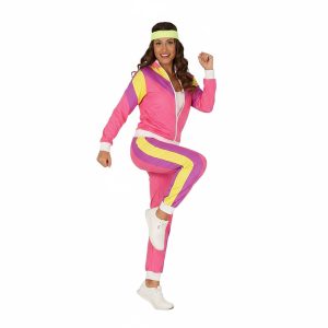 Disfraz chándal de gimnasta adulto años 80 en color rosa con detalles flúor.