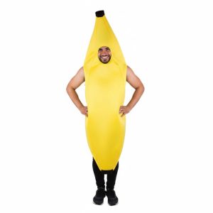 Disfraz de plátano para adulto en color amarillo fuerte con puntas negras.