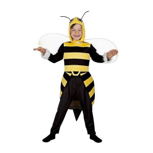 Niño con disfraz de abejorro amarillo y negro con alas en la espalda y sombrero con antenas.