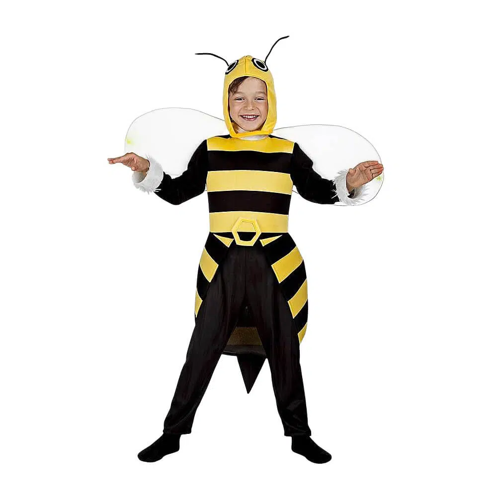 Niño con disfraz de abejorro amarillo y negro con alas en la espalda y sombrero con antenas.