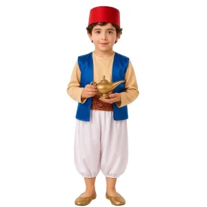 Disfraz de Aladino para niño compuesto por pantalones bombachos, chaleco morado y sombrero de príncipe árabe.