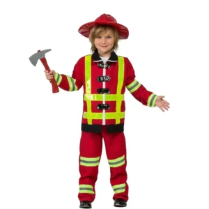 Niños usando el disfraz de bombero infantil en color rojo con bandas reflectantes verdes y gorro