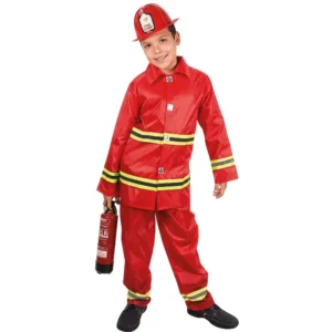 Niño luciendo el disfraz de bombero infantil rojo con chaqueta y pantalón
