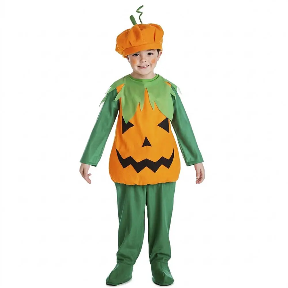 Niño posando con disfraz de Calabaza infantil con mono verde y naranja con carita sonriente y sombrero de Disfraces Lucero.
