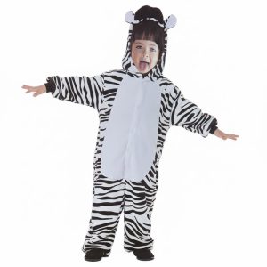 Niño con disfraz de cebra de una pieza con rayas blancas y negras y capucha