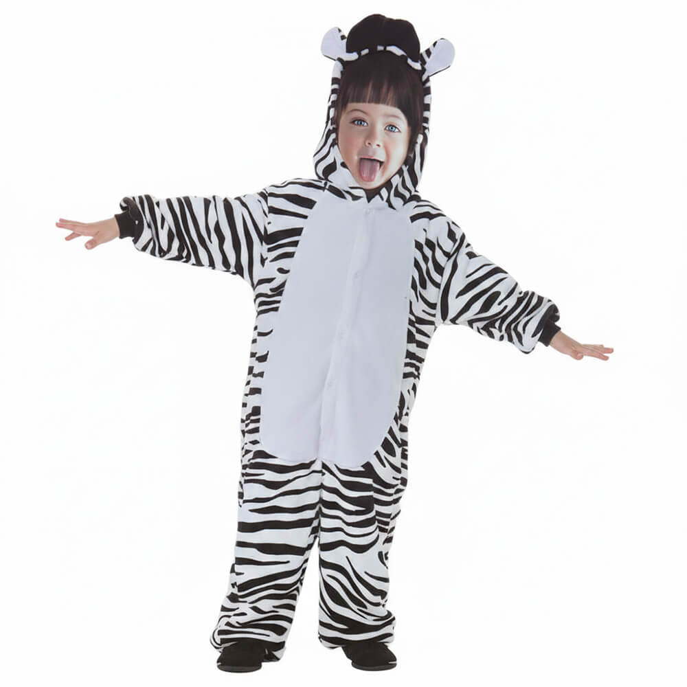 Niño con disfraz de cebra de una pieza con rayas blancas y negras y capucha