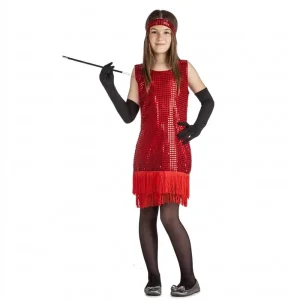 Niña con disfraz de Charleston rojo con lentejuelas y flecos, incluye cinta de cabeza roja, de la tienda Disfraces Lucero. (Accesorios como guantes y boquilla no incluidos).
