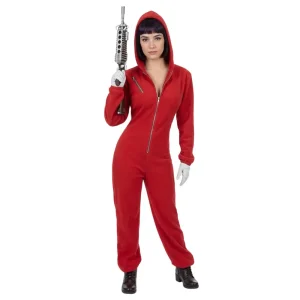 Persona luciendo el mono rojo de atracador con capucha de Disfraces Lucero, ideal para disfraz de serie de televisión.