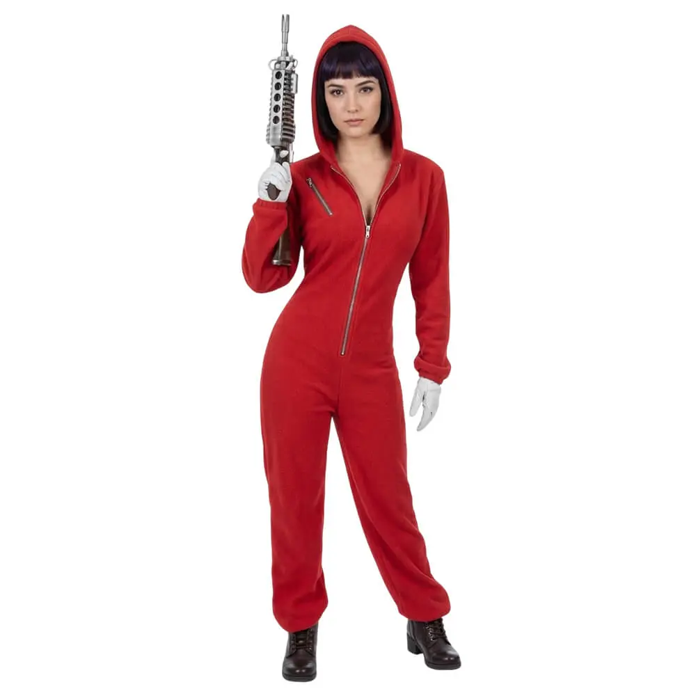 Persona luciendo el mono rojo de atracador con capucha de Disfraces Lucero, ideal para disfraz de serie de televisión.