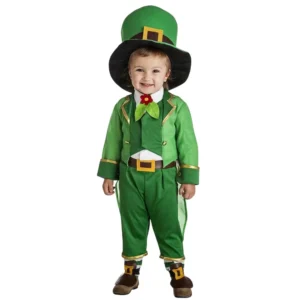 Niño luciendo el disfraz de duende infantil verde con sombrero de copa y cubrebotas