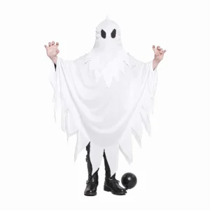 Niño posando con disfraz de Fantasma infantil compuesto por túnica blanca deshilachada en picos y capucha de Disfraces Lucero.