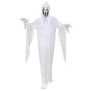 Niño posando con disfraz de Fantasma infantil con túnica larga blanca deshilachada y máscara de grito con capucha de Disfraces Lucero.