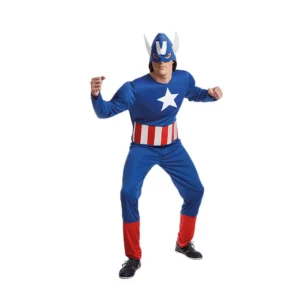 Hombre de frente posando de perfil luciendo el disfraz de Capitán Americano para adulto de la tienda Disfraces Lucero, compuesto por un mono elástico de color azul con una estrella blanca en el pecho, barras rojas y blancas en la cintura, y un gorro azul con aberturas para los ojos.