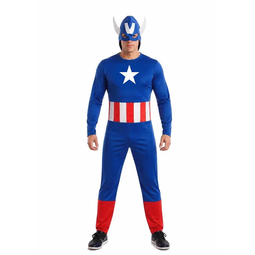Disfraz de Capitán Americano Adulto – Traje de Súper Héroe con Mono Estampado y Gorro (2 Piezas) - Imagen 2