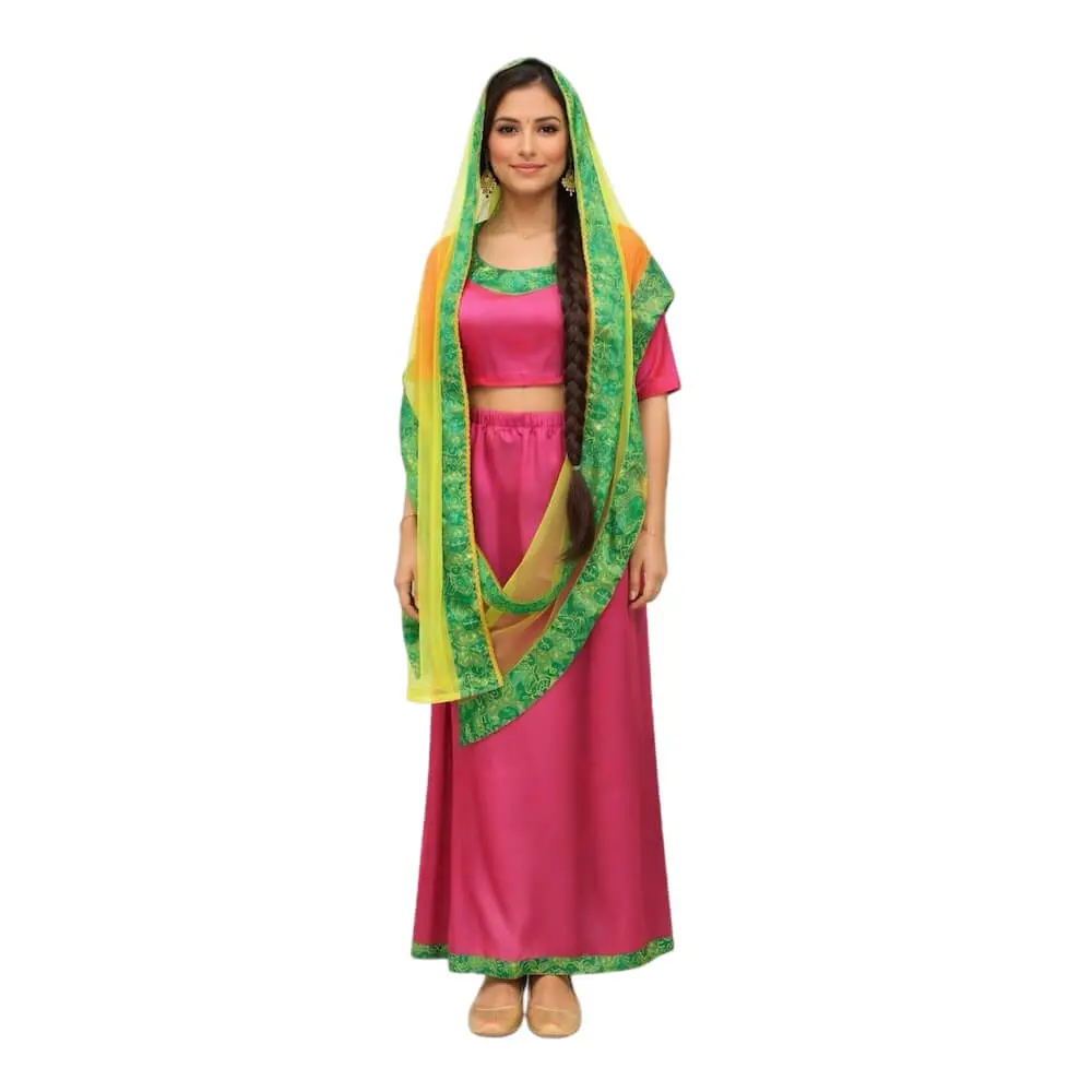 Mujer con elegante disfraz hindú de terciopelo fucsia, velo verde limón y detalles dorados.