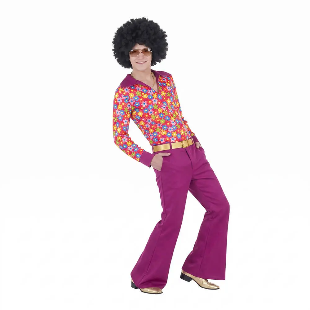 Disfraz de Hippie Años 70 de Flores para Adulto – Traje Psicodélico con Camisa Floreada y Pantalón de Campana Magenta (3 Piezas) - Imagen 2