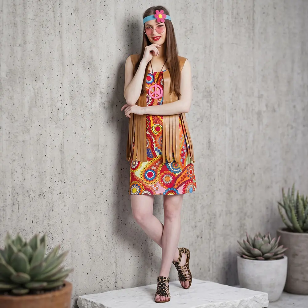 Disfraz de Chica Hippie Adulto – Vestido Corto Psicodélico de los Años 60 y 70 con Chaleco de Flecos (2 Piezas) - Imagen 2