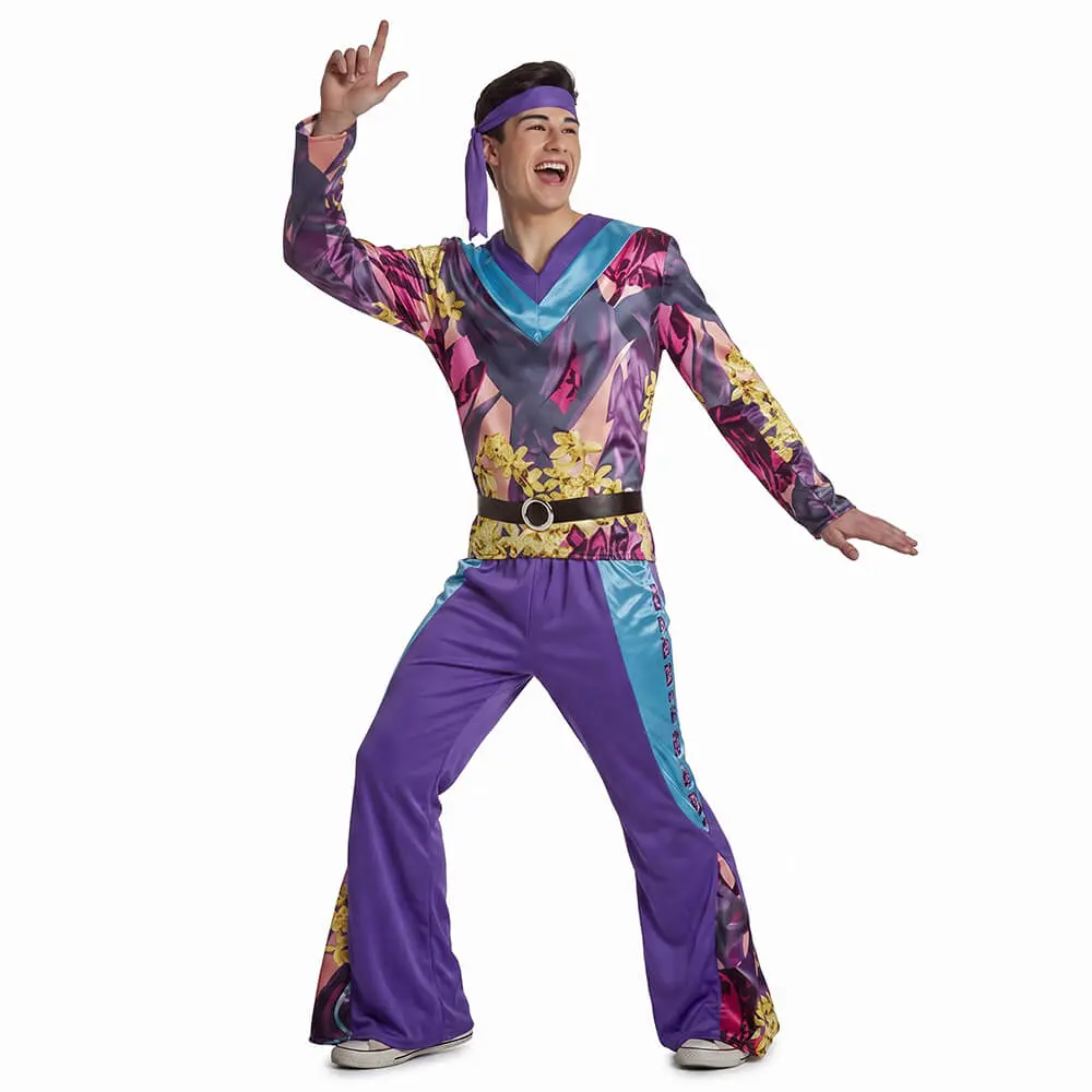 Disfraz de Hippie Morado Disc Adulto – Traje Retro de los Años 70 con Estampado Psicodélico y Pantalón de Campana (4 Piezas) - Imagen 2