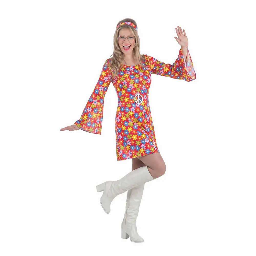 Disfraz de Hippie Mujer Años 70 de Flores para Adulto – Vestido Corto Psicodélico con Mangas de Campana y Cinta para el Pelo (2 Piezas) - Imagen 2