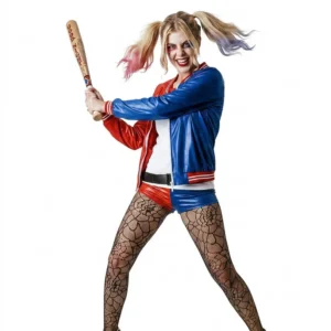 Mujer posando con disfraz de Princesa Arlequina compuesto por chaqueta bicolor, shorts y cinturón de Disfraces Lucero.