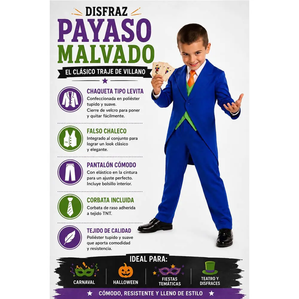 Disfraz de Payaso Malvado / Joker Villano Infantil con Levita - Imagen 4