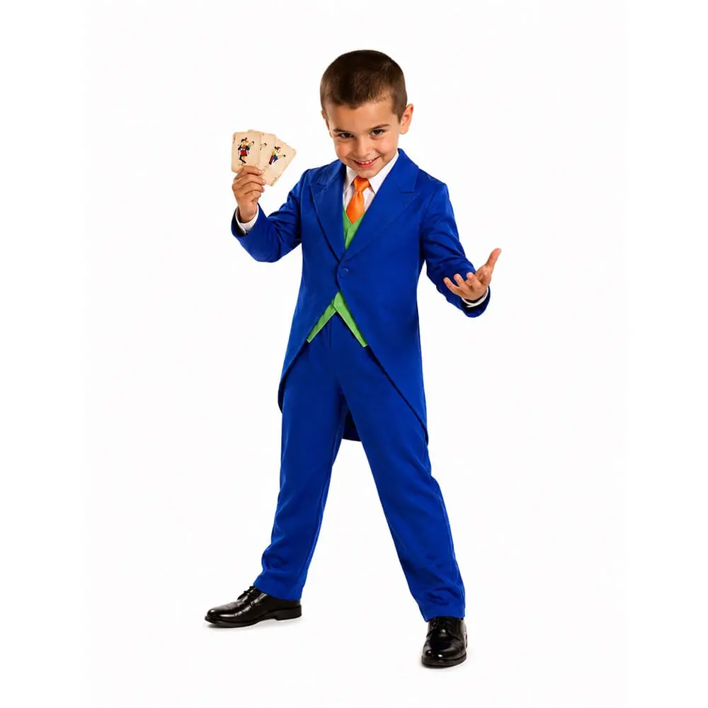 Niño posando con disfraz de Payaso Malvado estilo Joker compuesto por levita, pechera verde y corbata de Disfraces Lucero.