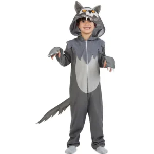 Niño luciendo el disfraz de lobo gris infantil con capucha de cara de lobo y cola