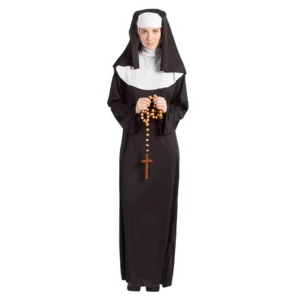 Disfraz de monja clásica para mujer adulta con túnica larga negra, cuello blanco y velo tradicional de Disfraces Lucero.