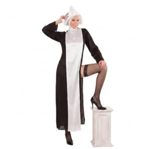 Disfraz de monja sexy para mujer adulta con vestido negro con abertura lateral y gorro blanco de Disfraces Lucero.