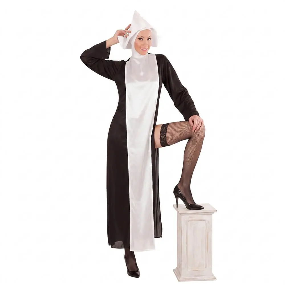 Disfraz de monja sexy para mujer adulta con vestido negro con abertura lateral y gorro blanco de Disfraces Lucero.