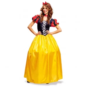 Disfraz de cuento de la princesa Blancanieves para mujer adulta con vestido largo azul y amarillo y lazo rojo de Disfraces Lucero.
