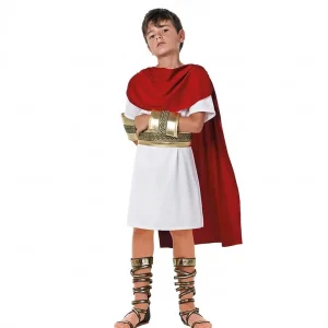 Niño vestido con el disfraz de romano de Disfraces Lucero, con túnica blanca, capa roja y cinturón dorado.