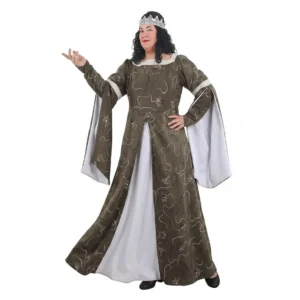 Mujer de frente posando con una mano alzada luciendo el disfraz de mujer medieval adulto en talla grande compuesto por vestido largo verde musgo con mangas abiertas blancas y corona de tela plateada de la tienda Disfraces Lucero.