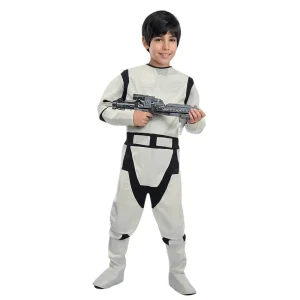 Niño vestido con el mono de soldado estelar blanco y negro de la tienda Disfraces Lucero, talla 2-4 años.