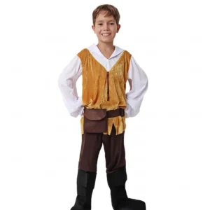 Niño de frente posando sonriente luciendo el disfraz de tabernero medieval infantil compuesto por una camiseta blanca con cuello de cordones cruzados, pantalón largo marrón, cinturón y un bolso colgante de la tienda Disfraces Lucero.
