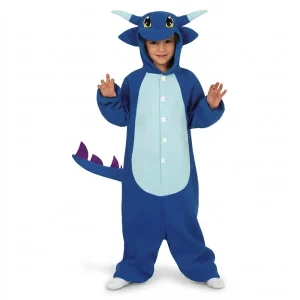 Niño de frente sonriendo simulando una pose de garras luciendo el disfraz de pijama de dragón azul infantil de cuerpo entero con capucha de cuernos y cola de la tienda Disfraces Lucero.