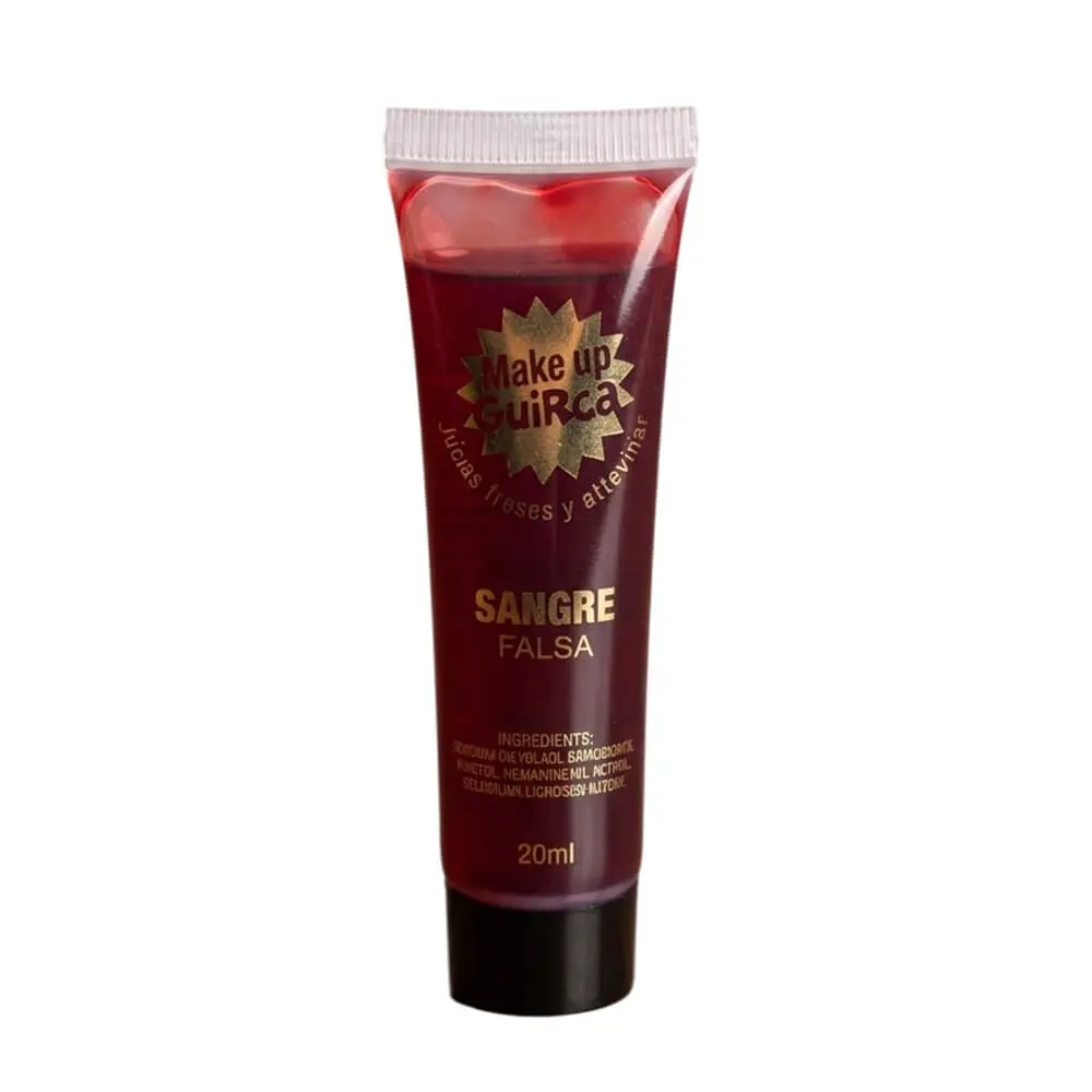 Tubo de plástico flexible de 20 ml de sangre falsa líquida para maquillaje de la marca Make up Guirca, ideal para efectos especiales de Halloween, de Disfraces Lucero.