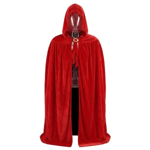 Capa larga de color rojo con capucha y cierre de hebilla dorada para disfraz de adulto, disponible en la tienda Disfraces Lucero Madrid.