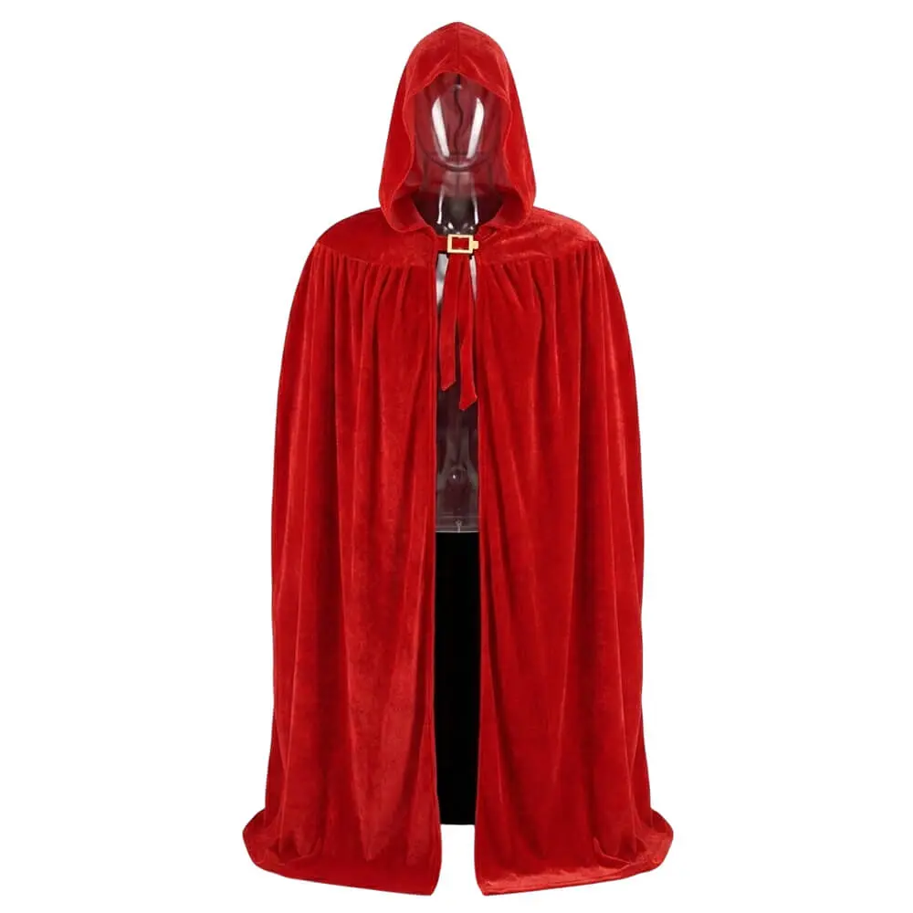 Capa larga de color rojo con capucha y cierre de hebilla dorada para disfraz de adulto, disponible en la tienda Disfraces Lucero Madrid.