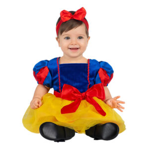Disfraz de Blancanieves para bebé con diadema y lazo rojo, vestido azul y amarillo ideal para fiestas o carnaval