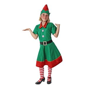 Disfraz de elfa infantil con vestido, gorro y cinturón navideño
