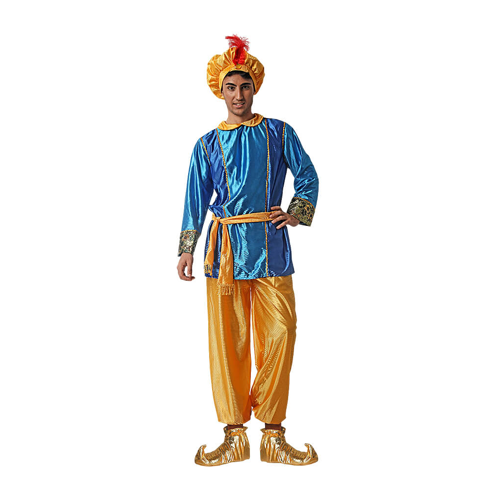 Disfraz de paje azul adulto con gorro, camiseta, cinturón y pantalón, ideal para cabalgatas de Reyes Magos y eventos navideños