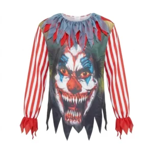 Camiseta de disfraz de payaso tenebroso para adulto con rostro diabólico impreso y mangas a rayas